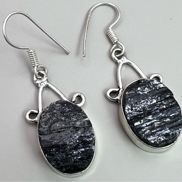 Oval Black Tourmaline Stone Silver Overlay Earrings - Picture 1 of 4